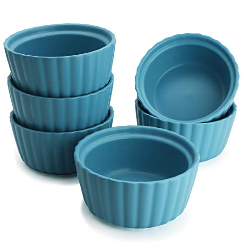 BonNoces 5 Ounce Porcelain Ramekins/Souffle Dishes - Elegant Matte Color Baking Cup for Pudding, Ice Cream and Creme Brulee - Set of 6 (Blue)