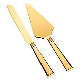 Ella Celebration Wedding Cake Knife and Server Set, Cutting Set for Bride and Groom, Modern Servers (Gold)