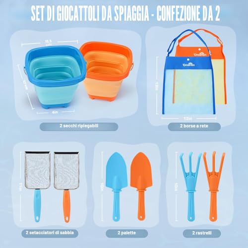 Dreamon Giochi Spiaggia Bambini Set 3 4 5 Anni con Secchiello Spiaggia Bambini Pieghevole Sacco a Rete Setaccio per La Sabbia Pala e Rastrello Giocattoli Regalo Esterno per Bambini e Bambine