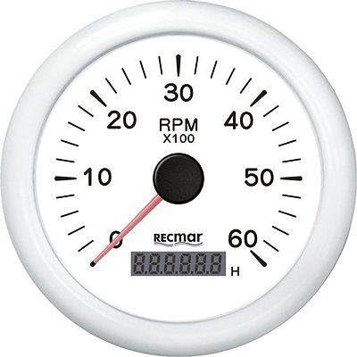 RECMAR TACHOMETER 6000 RPM & DIGITAL HOUR METER UNIVERSAL OUTBOARD GAUGE WHITE FACE