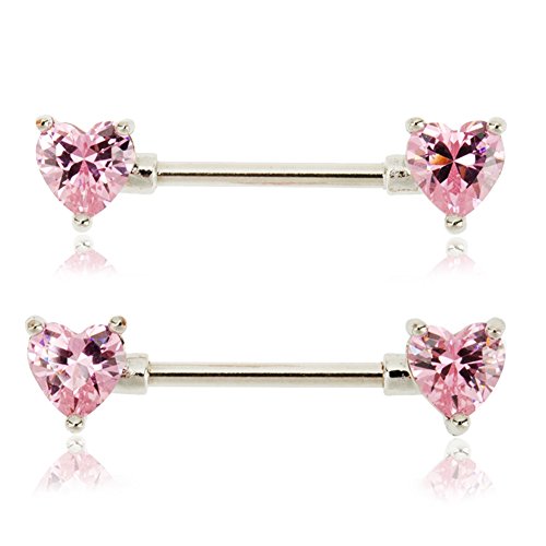 Jewelry Set Kit Lot of 2pcs 316L Surgical Steel 14 Gauge Nipple Piercings Barbells Shields Rings Nipplerings With Pink Heart Shaped Rhinestones Crystals Closures