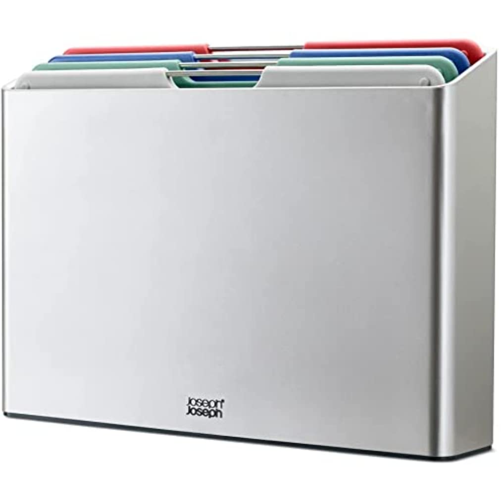 Joseph Joseph Folio Set of 4 Chopping Board Set, Slimline case for organised Storage, Large- Silver/Coast