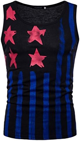 Qisc Mens Tops Fashion Mens Vest Shirt, Fitted Sleeveless O-Neck Casual American Flag Printed T-Shirt Pullover Top Blouse Basic Tank Tees (M, Black)