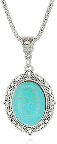 VCreations Simulated Turquoise Necklace Pendant Tibetan Silver Fashion Jewelries - Vintage Oval
