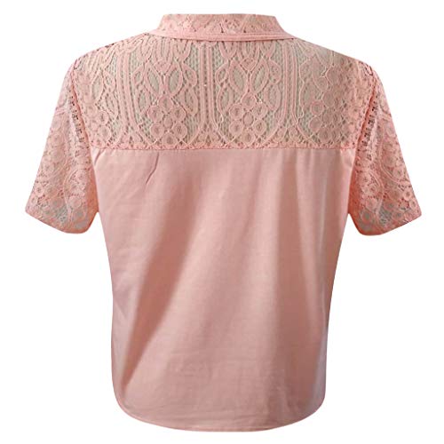 TIFENNY Casual Shirts for Women Summer Short Sleeve Sexy Sheer Mesh Lace Patchwork Bow Neck Blouse Tops Tee Pink - Thumbnail 2