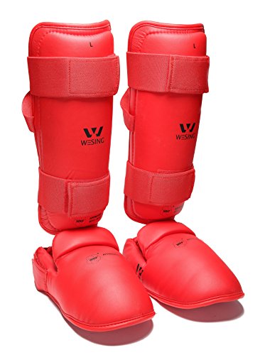 wesing PU leather fabrics karate shin and instep guard karate shin protector approved by wkf (RED, Small)