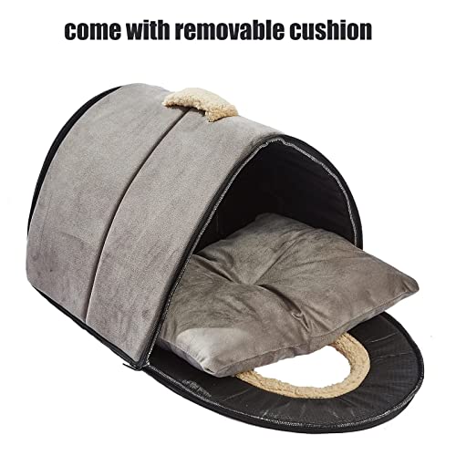 Portable Cat House, Cat Bed Self-Warming 2 in 1, Foldable Cave House Shape Indoor with Cozy Bed, Cat Beds for Indoor Cats, with Washable Removable Cushion Pad, Dark Gray
