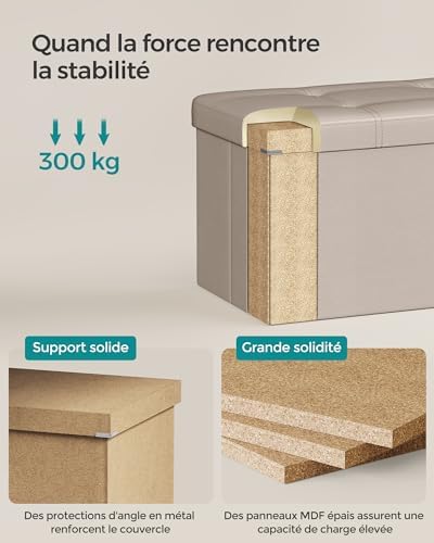 Banc, Pouf Pliable, 38 x 110 x 38 cm, Bout de Lit, Repose-Pieds, Coffre de Rangement, Charge jusqu'à 300 kg, pour Salon, Chambre, Entrée, Marron Camel LSF070K03, 110x38x38cm