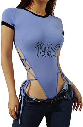 Limtery 1990 Scoop Neck Side Lace up Short Sleeve Cotton T Shirt Bodysuit for Women