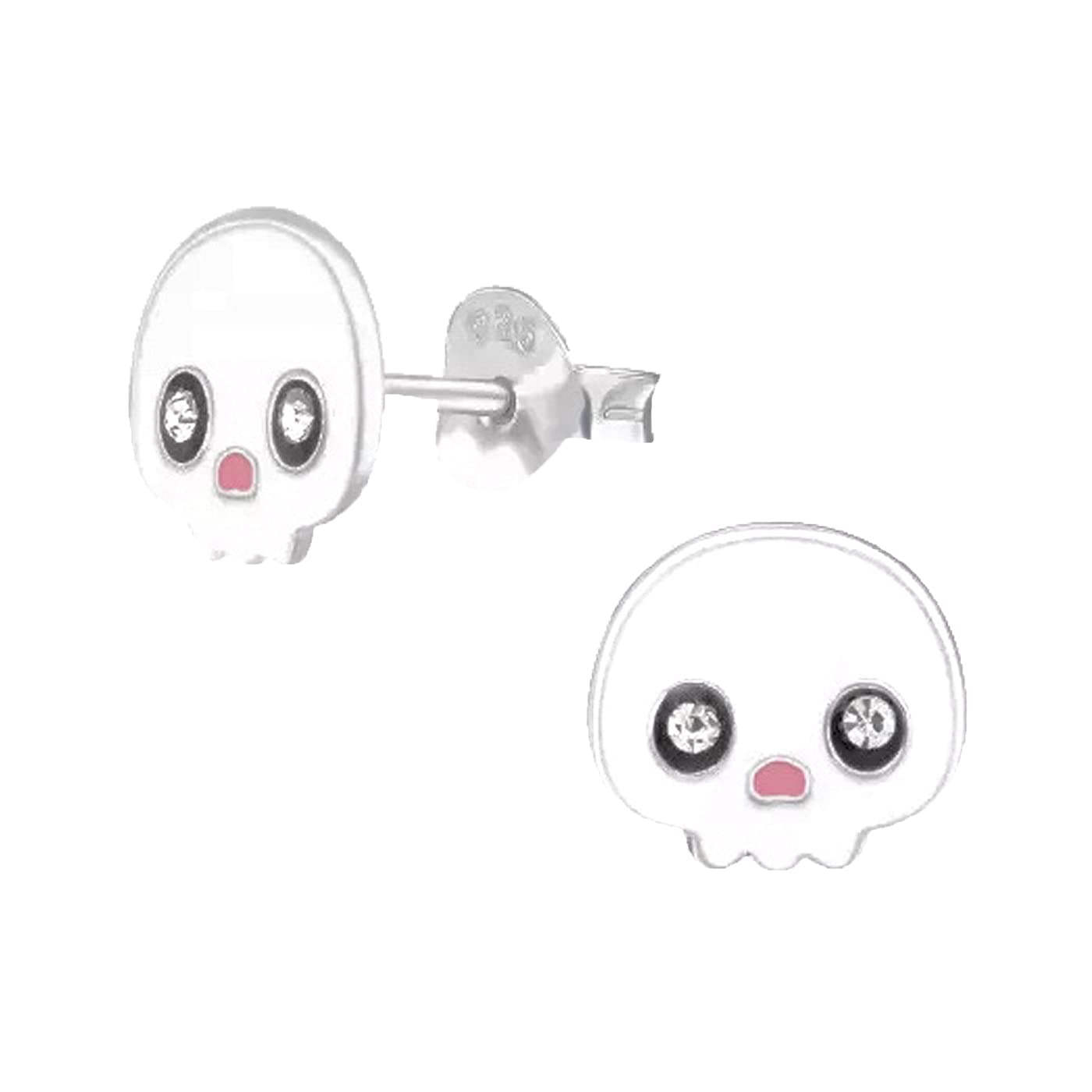 Skull Earrings with Crystal Stones 925 Sterling Silver Halloween Skeleton Zombie