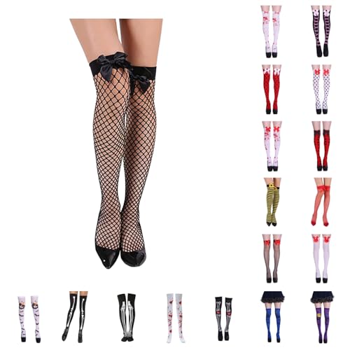 Halloween Stockings Gifts Tights Party Costume Sexy Sock Leggings Printed Plaid Thigh High Fishnet Stockings For Dress Up Cosplay Party Halloween Advent Calendar White Over Knee Red Bow Stocking
