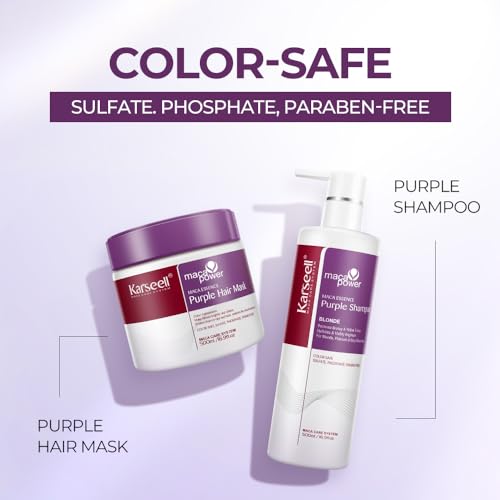 Karseell Purple Hair Mask and Purple Shampoo Set, Neutralizes Brass & Yellow Tones for Blonde, Gray, Silver Color Treated Hair, 2 x 16.9floz
