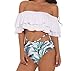 Creabygirls Floral Print Flounce Two Piece Swimsuit High Waist Ruffled Off-Shoulder Bathing Suit (XL US10-12, Flounce top) White