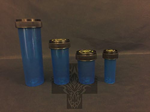 Dram 4 Pack Reversible BLACK LID Containers 60, 30, 20, 08 DR Rx Pill Pharmacy Vials Crafts Coins Storage Vitamins Medicine MMJ 420 Jar Bottle (BLUE)