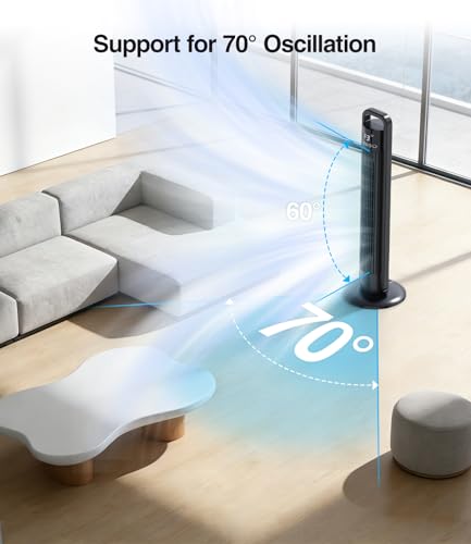 Ventilatore a Torre 91cm, Ventilatore a Piantana con 4 Velocità, Oscillazione 70°, Timer 1-12h, Telecomando 5m, Silenzioso (<60dB), LED Touch, Simula Vento Naturale – per Camera, Soggiorno, Ufficio