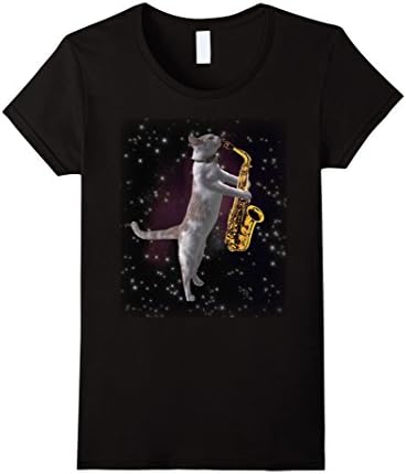 Women's Cat Playing Saxophone Shirt | Cats In Space Playing Sax  Small Black