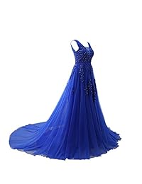 Huifany Vestido de noche formal largo con cuello en V y encaje en línea A para mujer