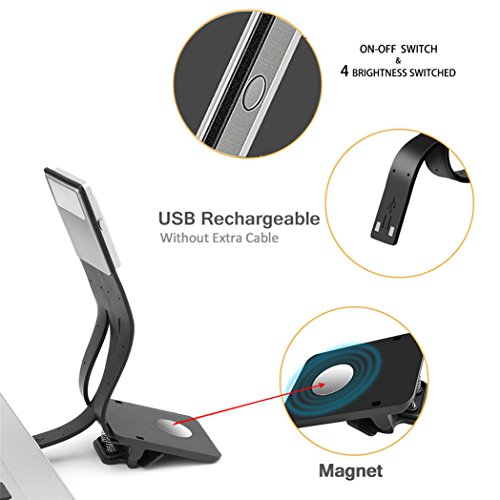 Book Light - Picowe LED Reading Light, USB Rechargeable and 4-Level Adjustable Brightness Flexible Reading Lamp, Clip On for Kindle, Book, eBook Reader, Ipad and More (Black)