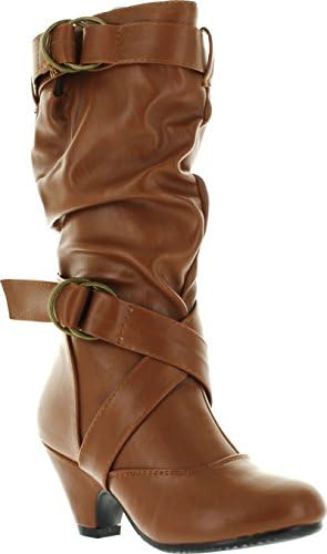 EyesOnStyle New Girls Kids Buckle Slouch Round Toe Midcalf Winter Shoes Boots (Toddler/Little Kid/Big Kid) (Tan-Paul-39-Big Kid 4)