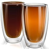 Stone & Mill Large Double Wall Drinking Glasses Set of 2-15 Ounce - Insulated Glass Cups for Coffee, Iced Tea, Latte, Cappuccino AM-08