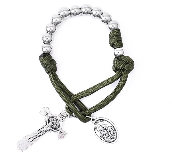 Nazareth Store Olive Military One Decade Paracord Rosary Silver Beads Pocket Car Rosary Pray For Us St. Joseph Medal & St. Benedict Cross