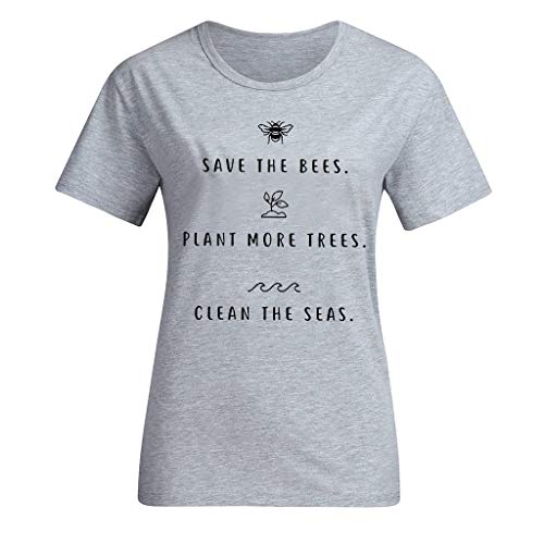 Inverlee Blouse Women's Fashion Round Neck Short Sleeve Bee Letter Print T-Shirt Top Gray