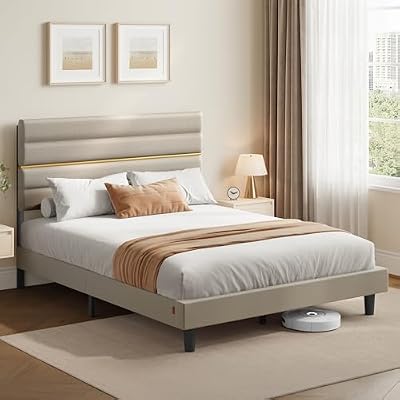Lit Double, Cadre de Lit, Convient pour Un Matelas de 160 x 200 cm, Tête de Lit Rembourrée Ajustable, en Métal, Bois Massif, Moderne, Beige Cappuccino RMB505LH01