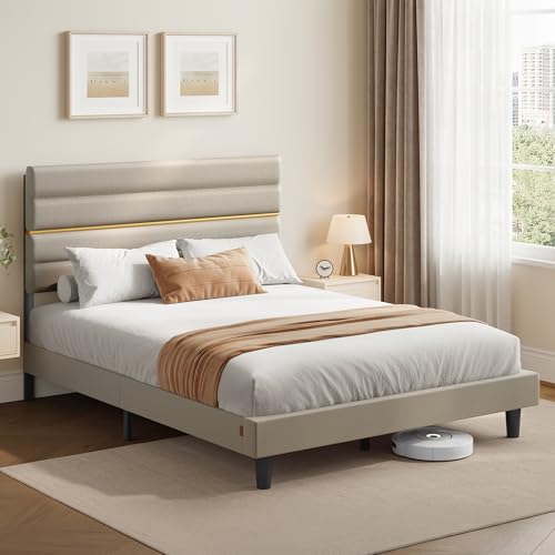 Marco de Cama Matrimonial, Marco para Colchón de 160 x 200 cm, Cabecero Acolchado Ajustable, Metal y Madera, Estilo Moderno, Beige Cappuccino RMB505LH01