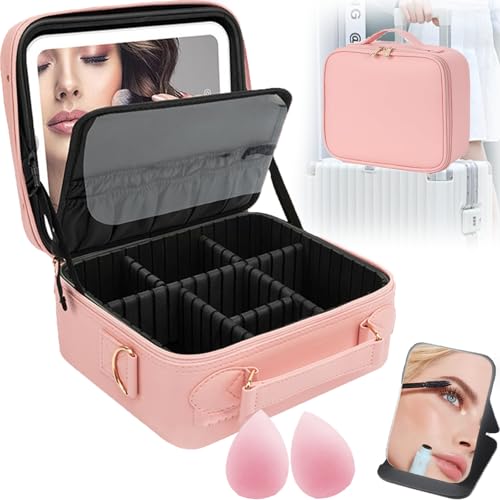 26cm Estuche de Maquillaje con Espejo Iluminado, Bolsa de Maquillaje de Viaje con Espejo LED Desmontable, Tres modos de luz ajustables, con mini espejos plegable, 2 Mini Esponjas De Maquillaje (Rosa)