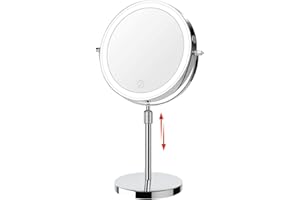HIEEY Lighted Makeup Mirror with Magnification, Rechargeable Lighted Mirror, Three Color Lighting Modes, Height Adjustable, 1x/10x 360° Rotation Touch Screen Vanity Mirror (8in. Silver)