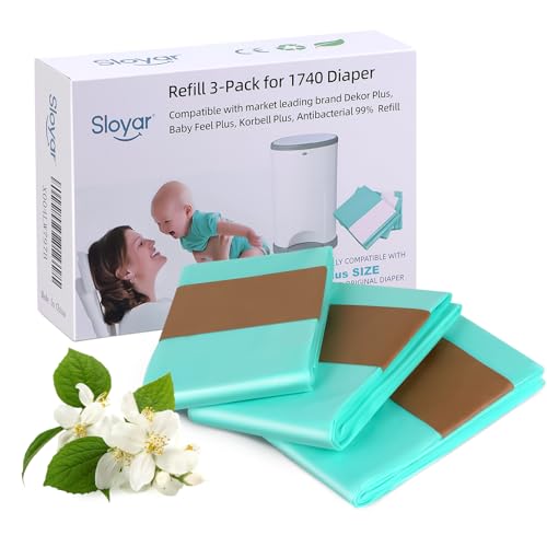 Sloyar Refill Diaper Pail Bags Compatible with DEKOR PLUS Diaper Pails | 3 Pack | Diaper Pail Refills with 30% Extra Thickness | Baby Powder Fragrance | Holds up to 1740 Diapers