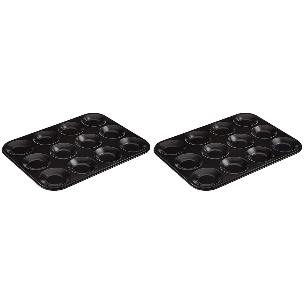 Prochef Everyday Baking KB1038 Non-Stick Premium Coated 12 Cup Bunsheet Tray - 31.5cmx24cmx1.2cm, Black (Pack of 2)