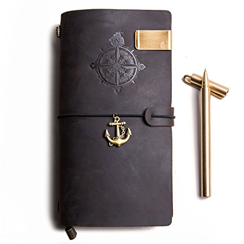 Handmade Traveler s Notebook + Copper Pen, Genuine Leather Travel Journal, Pirate/Maritime styled, Leather Journal Writing Notebook, Travel Diary & Notebooks (Dark Brown-Standard Size)