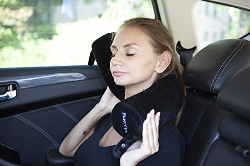 BlueHills Premium Memory Foam Neck Travel Twist Airplane Pillow in Super Soft Velvet Cover & Travel Accessories in Carry case Bag with Hand Luggage Belt and Carabiner Navy (NeckPillow-Navy)