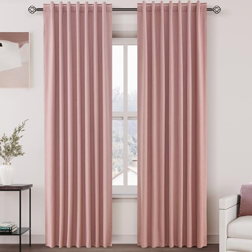 Photo 1 of 100% Blackout Linen Curtains 84 Inch Length 2 Panels Blush Pink Light Blocking Darkening Living Room Curtains 84 Inches Long Elegant Modern Back Tab Pocket Noise Reducing Drapes for Nursery 52X84