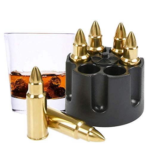 Whiskey Stones Bullets with Base, Gold Stainless Steel Whiskey Bullets,Set of 6 Extra Large Bullet Shaped Ice Cube Reusable for Whisky Bourbon- Best Gift for Men