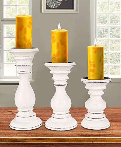 Set of 3 Wooden Pillar Candle Holders, Ideal for LED and Pillar Candles, Gifts for Wedding, Party, Home, Spa, Reiki, Aromatherapy, Votive Candle Gardens - 10 Inch, 8 Inch, and 6 Inch - Antique White