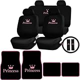 17pc Princess Logo Carpet Floor Mats & Black and Pink Low Back Seat Covers, Rear Bench Cover w/ 2 Headrests, Steering Wheel Cover & Shoulder Pads
