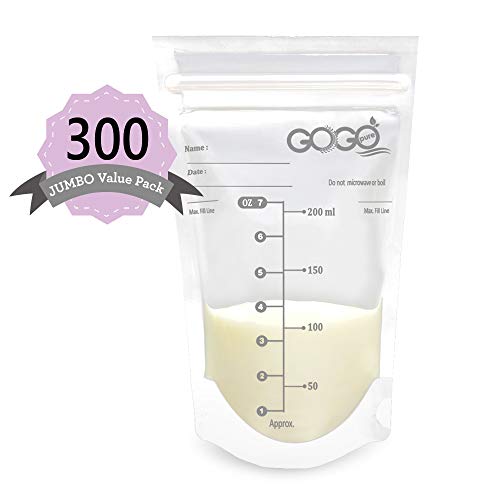 300 unidades  jumbo value pack bolsas de almacenamiento de leche materna, 7 oz, preesterilizadas, sin bpa, sello de doble cremallera a prueba de fugas, autoportante, para refrigeración y congelación, solo en amazon