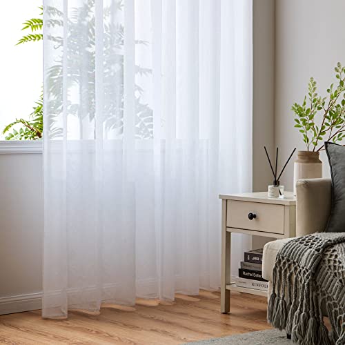 Woaboy Modern Living Room Curtains Short White Curtains for Windows 2 Pieces 140 x 145 cm Curtains Bedroom Curtains Translucent Polyester with Rings White