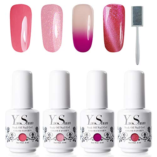 YaoShun UV Gel Polish Set - Gel Nail Polish Kit Soak Off Nail Gel Gift Box, Gel Polish Manicure Kit 8ml Pure Color + Temperature Color Changing Gel + Magnetic Cat Eye Gel Polish #2