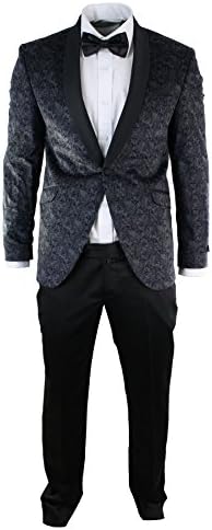 STZ Mens Slim Fit Velvet Paisley Blazer &amp; Trouser Tuxedo Dinner Suit Grey Black grey 36