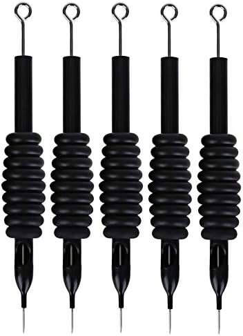 ShakeLady 5pcs Anti-slip Black Silicone 3/4" Grip Tube with Tip with Pre-sterilized Medical Stainless Steel Tattoo Needle RL / RS / F / M1 / M2 (1 Set) (7 RS)