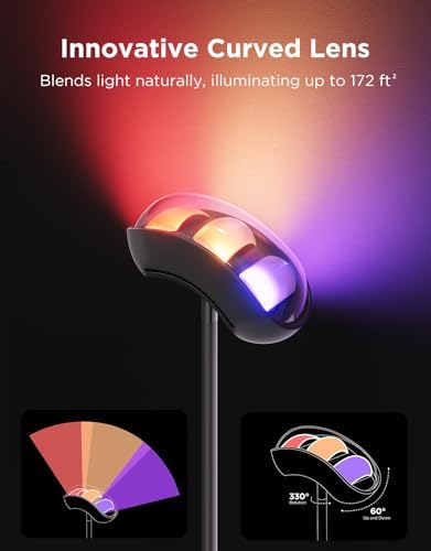 Candeeiro de pé LED Torchiere, candeeiro RGBWWIC com controlo de 3 zonas, compatível com Matter Alexa, 77 cenas e sincronização musical, candeeiro preto de 170 cm para sala, quarto e teto