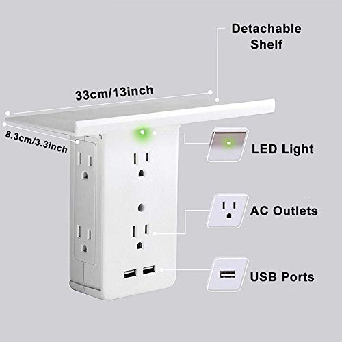 Detachable 8-port Socket Shelf, Surge Protector Wall-mounted Outlet Extender With 6 AC-power Port And 2 USB-ports For Bathroom Home Kitchen Office Living Rooms