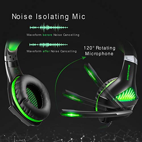 TURN RAISE Upgraded 3.5mm Stereo Gaming Headset for Xbox One, PS4, PC - Surround Sound Over-Ear Headphones with Noise Cancelling Mic for Playstation 4, Laptop, LED Lights &Volume Control (Green)