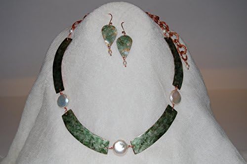 Adjustable length green patina copper necklace with freshwater coin pearls and matching earrings