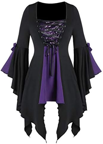 DENGZI Women Plus Size Halloween Dress Ladies Sequined Long Sleeve Tops Blouse Trumpet Sleeves Stitching Lace Up Gothic Tunic Skirt