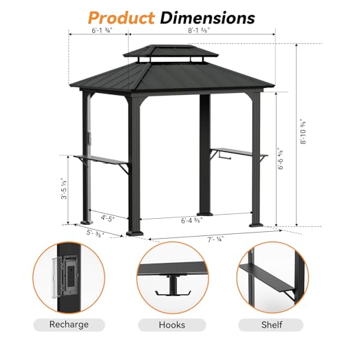 Modern Shade 6x8 Aluminum Grill Gazebo with USB Charging, Hardtop, Black image 18