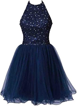 Exlinonline Women's 2017 Short Halter Lace Beaded Prom Ball Gown PLF205 DN-US16